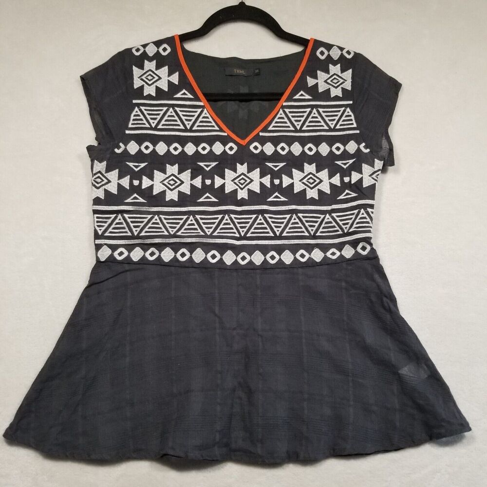 THML Size XS Gray Cap Sleeve Peplum Blouse Aztec Embroidered V Neck
